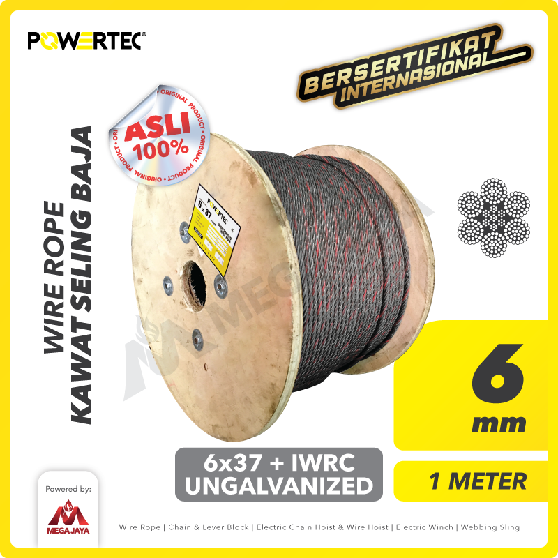 Wire Rope / Kawat Seling Baja 6x37 IWRC 6mm Ungalv POWERTEC - 1 Meter