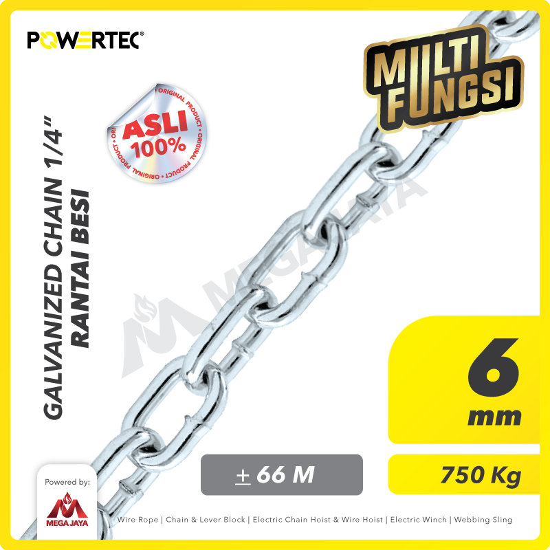 Rantai Besi Galvanis 1/4" - 6mm Galvanized Chain POWERTEC - Karung