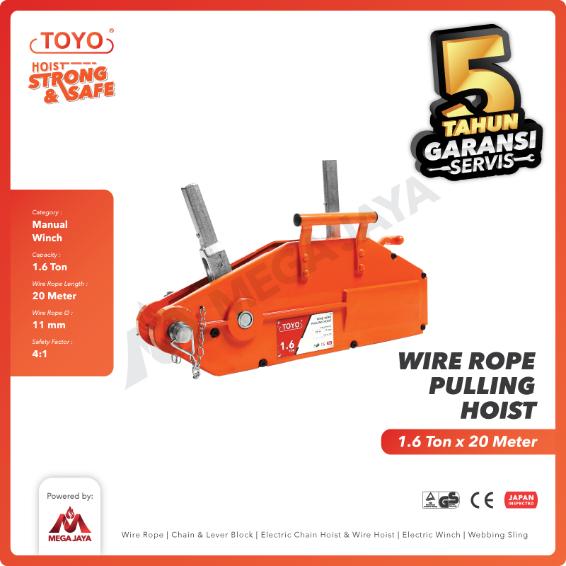 Wire Rope Pulling Hoist / Tirfor 1.6 Ton x 20 Meter TOYO