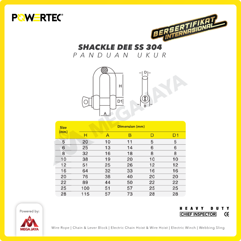 Shackle D Stainless Steel 304 10mm - 3/8" POWERTEC Segel Dee SS