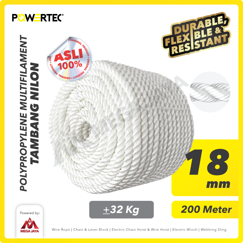 Tambang Nylon / Nilon 18mm x 200m Polypropylene PP Multi Rope POWERTEC