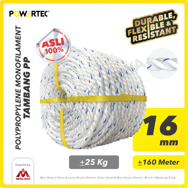 Tali Tambang PP 16mm x 200m Polypropylene PP Mono Rope POWERTEC