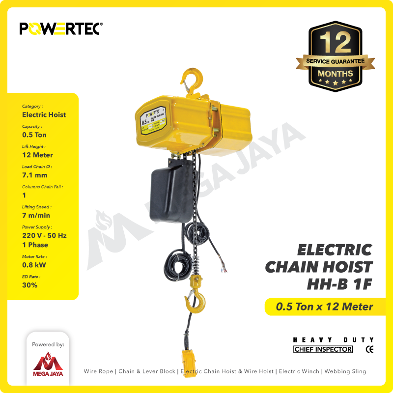Electric Chain Hoist 0.5 Ton x 12 Meter HH-B 1F POWERTEC