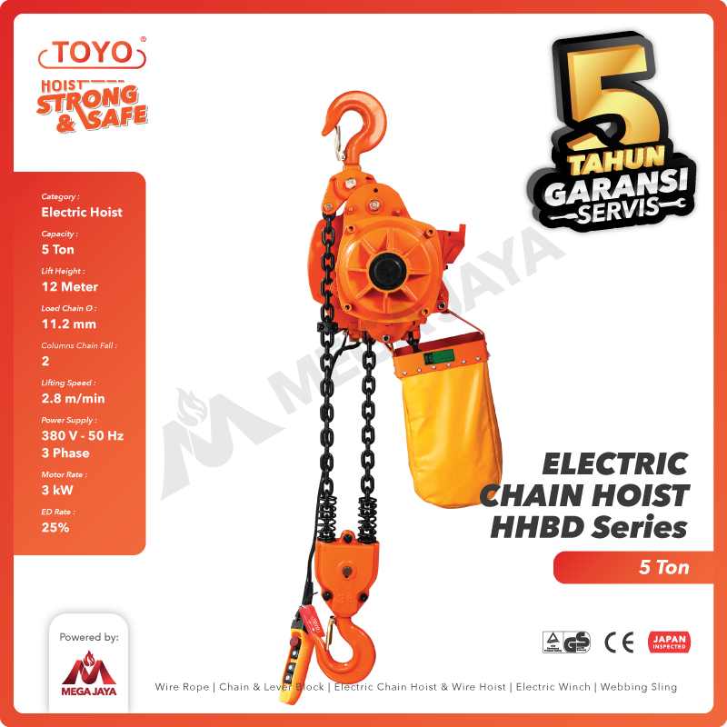 Electric Chain Hoist 5 Ton  x 12 Meter HHBD Series TOYO