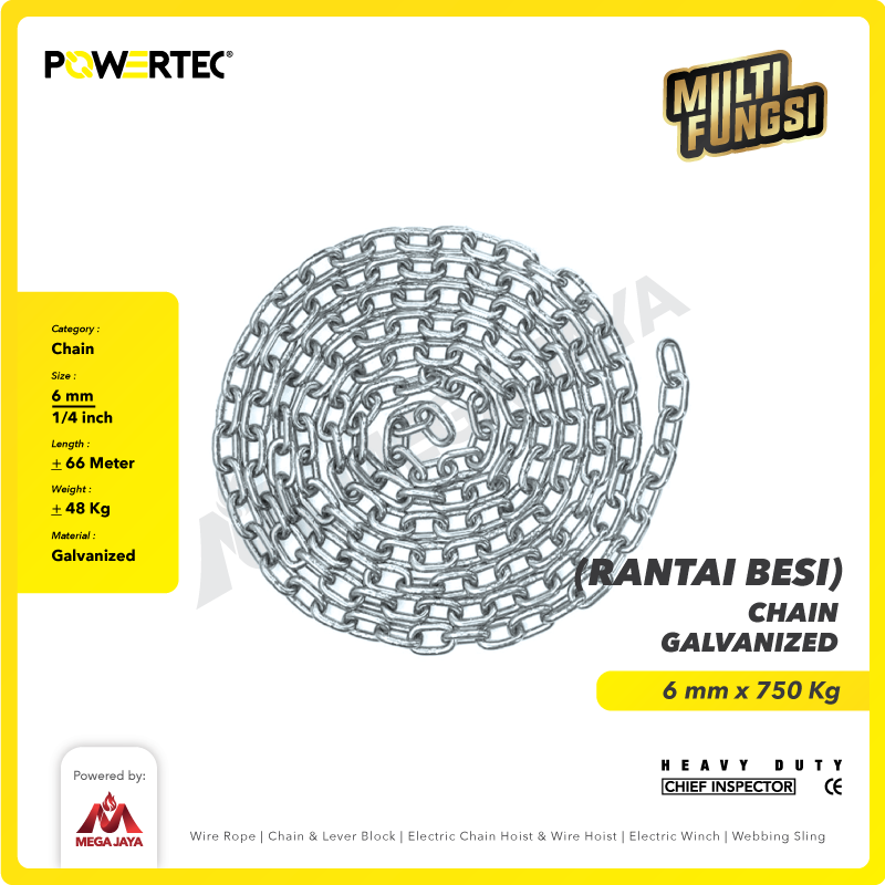 Rantai Besi Galvanis 1/4" - 6mm Galvanized Chain POWERTEC - Karung