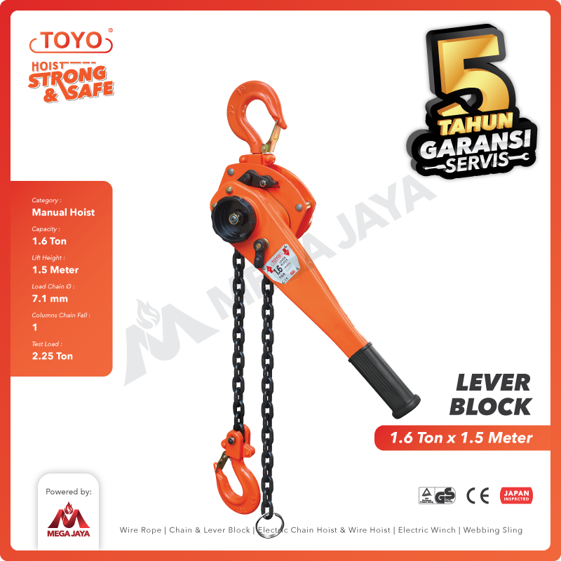 Lever Block / Lever Hoist 1.6 Ton x 1.5 Meter TOYO