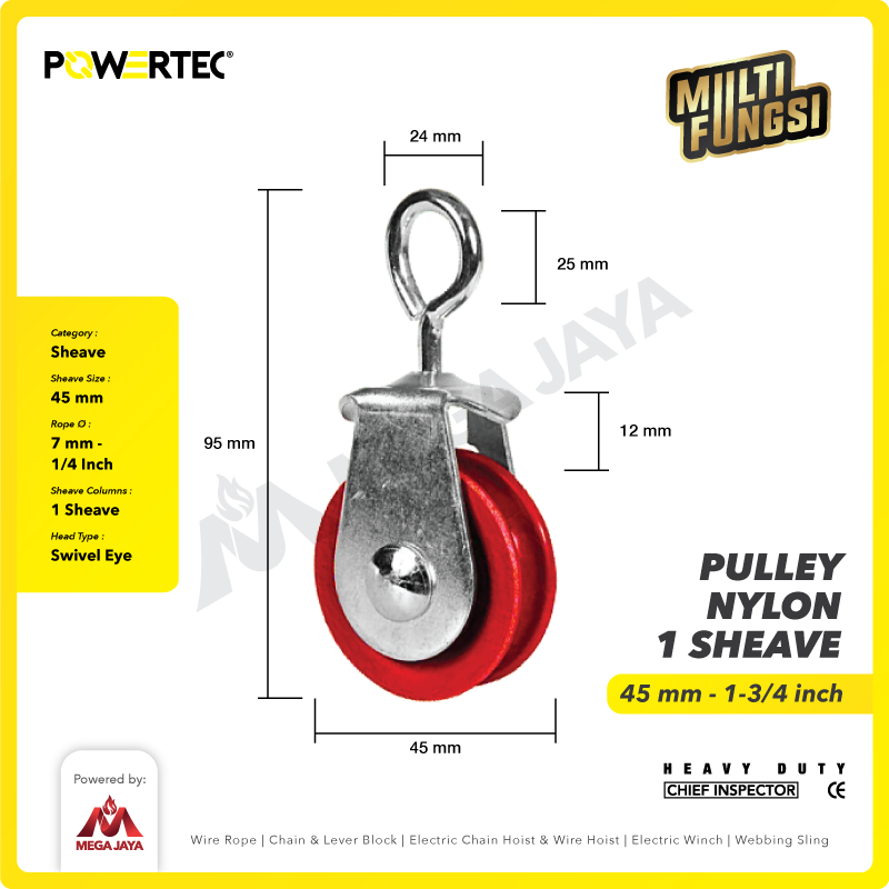 Pulley Nylon Katrol Kerekan 45mm 1-3/4" - 1 Sheave Nilon POWERTEC
