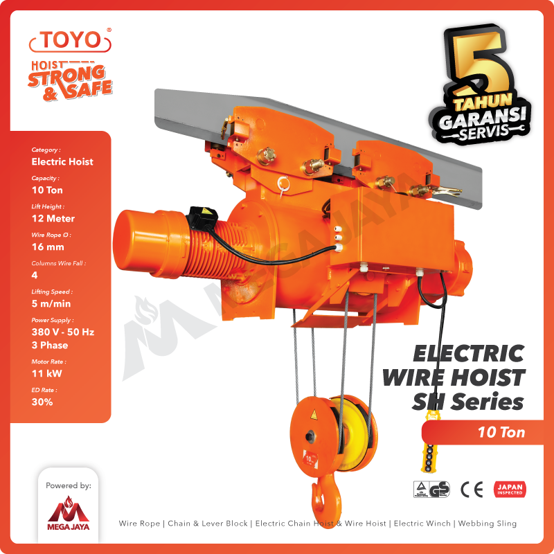 Electric Wire Rope Hoist 10 Ton  x 12 Meter SH Series TOYO