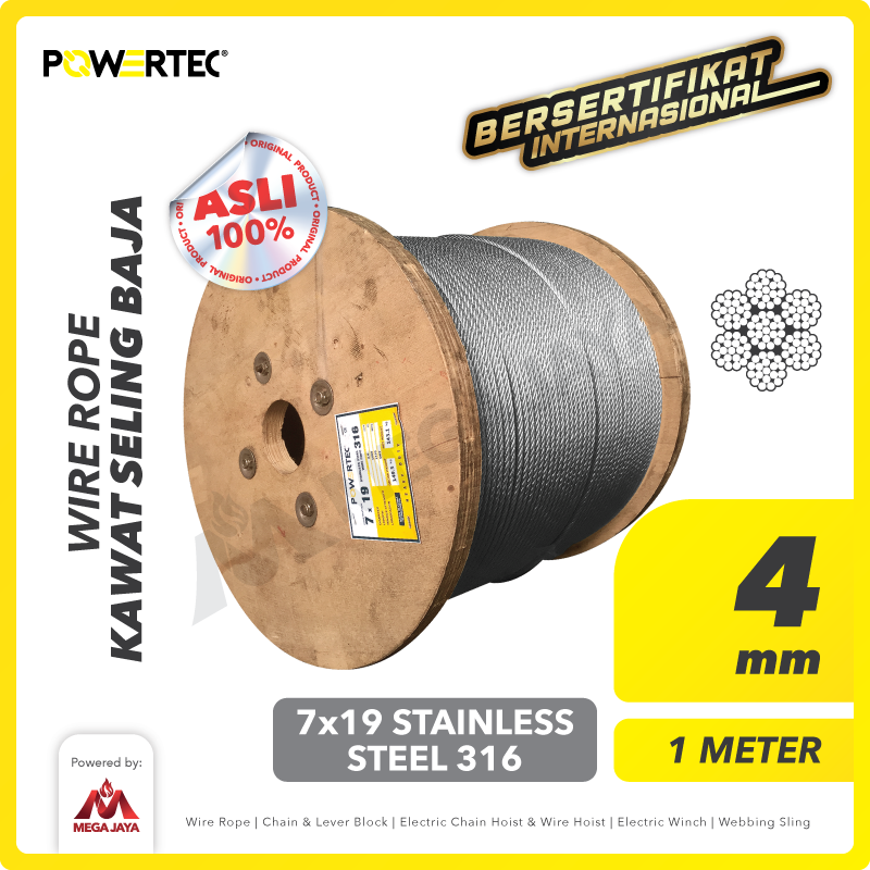 Wire Rope / Kawat Seling Baja 7x19 SS 316 4mm POWERTEC  - 1 Meter