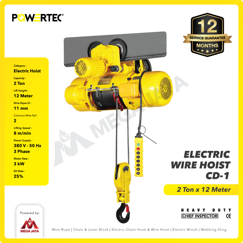 Electric Wire Rope Hoist 2 Ton  x 12 Meter 3 Phase CD-1 POWERTEC