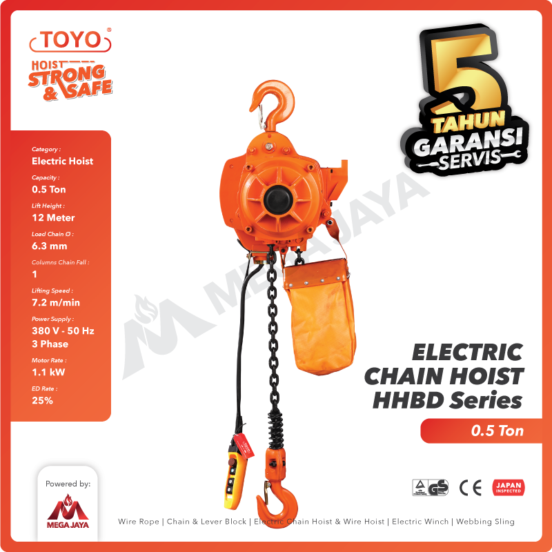 Electric Chain Hoist 0.5 Ton  x 12 Meter HHBD Series TOYO