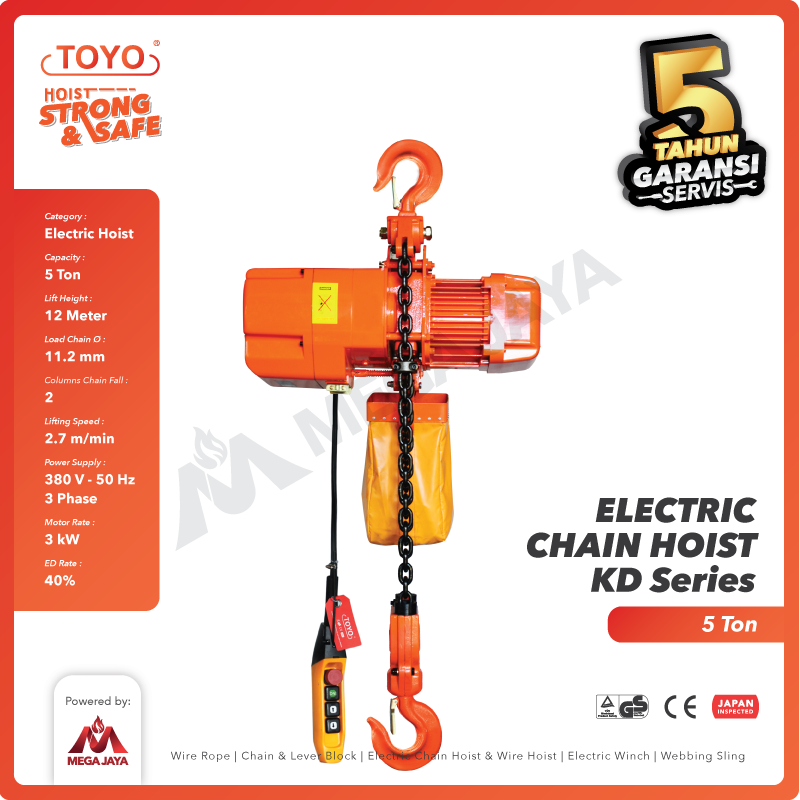 Electric Chain Hoist 5 Ton  x 12 Meter KD Series TOYO