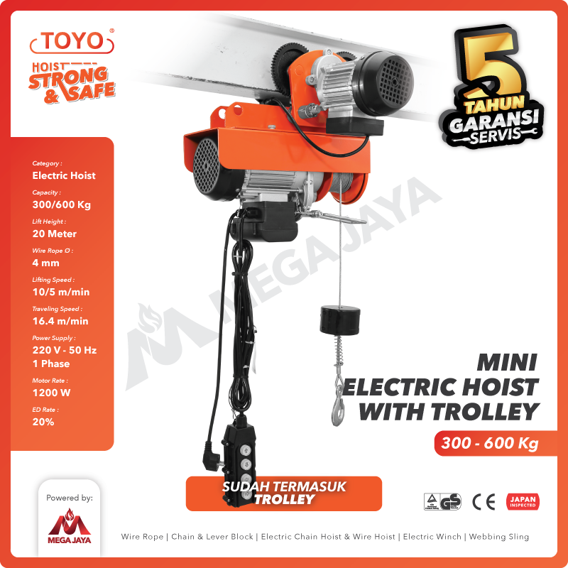 Mini Electric Hoist Trolley set / Katrol Listrik 300/600Kg x 20M TOYO