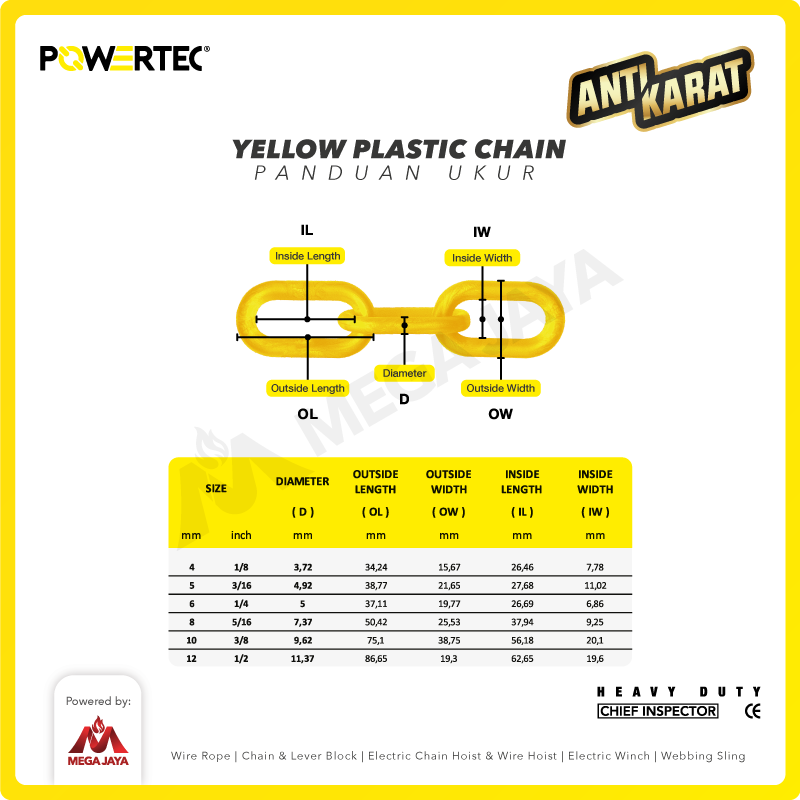 Rantai Plastik PVC 10mm x 25m Plastic Chain POWERTEC - Kuning