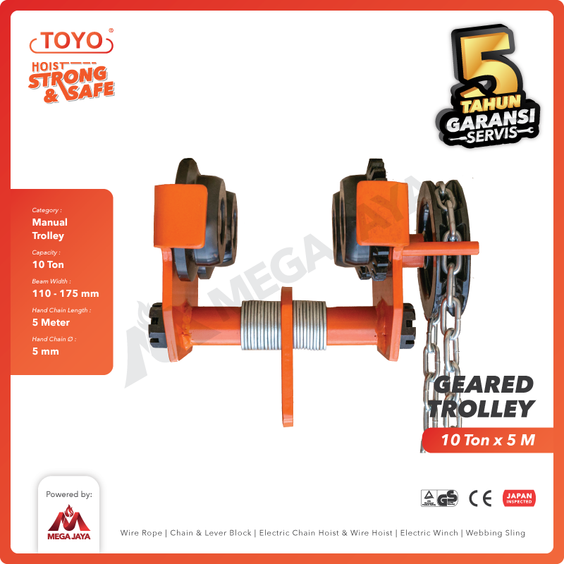 Geared Trolley / Gear Troli Hoist 10 Ton x 5 Meter TOYO