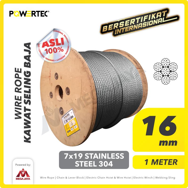 Wire Rope / Kawat Seling Baja 7x19 SS 304 16mm POWERTEC  - 1 Meter