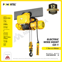 Electric Wire Rope Hoist 1 Ton  x 6 Meter 3 Phase CD-1 POWERTEC
