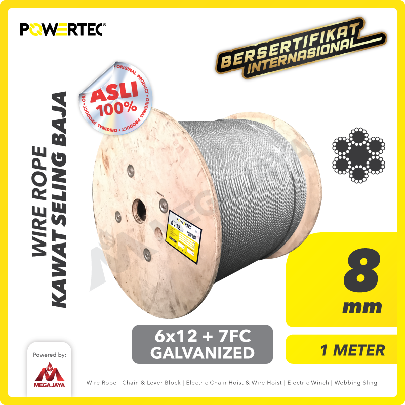 Wire Rope / Kawat Seling Baja 6x12 7FC 8mm Galv POWERTEC - 1 Meter