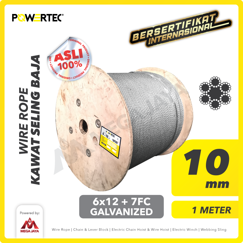 Wire Rope / Kawat Seling Baja 6x12 7FC 10mm Galv POWERTEC - 1 Meter