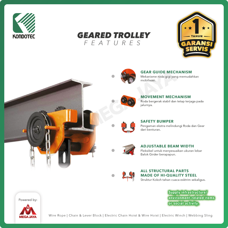 Geared Trolley / Gear Troli Hoist 1 Ton x 7 Meter KONDOTEC