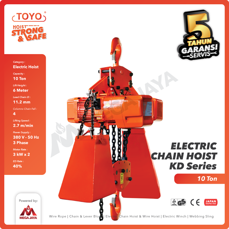 Electric Chain Hoist 10 Ton  x 6 Meter KD Series TOYO