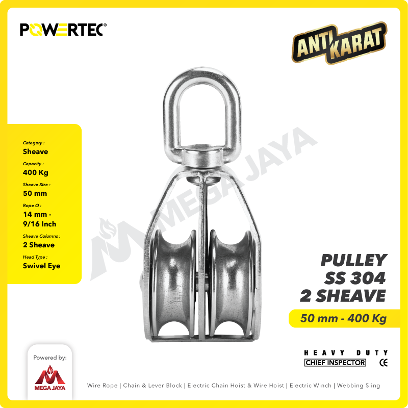 Small Pulley SS 304 Katrol Kerekan 50mm - 2 Sheave Stainless POWERTEC