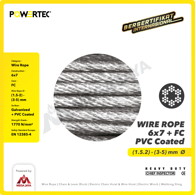 Wire Rope / Kawat Seling Baja 6x7 FC PVC 2mm - 3mm POWERTEC  - 1 Meter