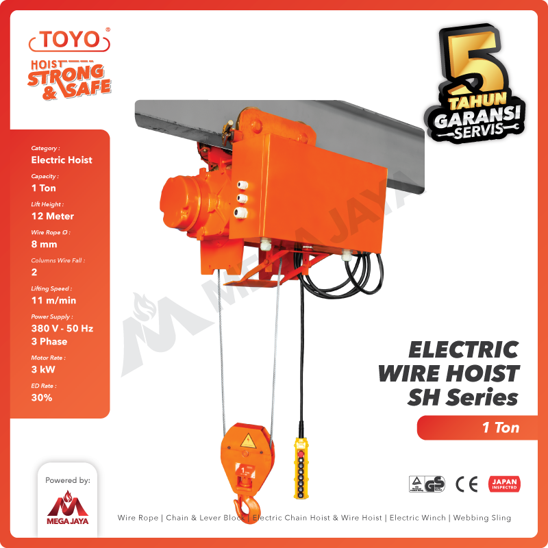 Electric Wire Rope Hoist 1 Ton  x 12 Meter SH Series TOYO