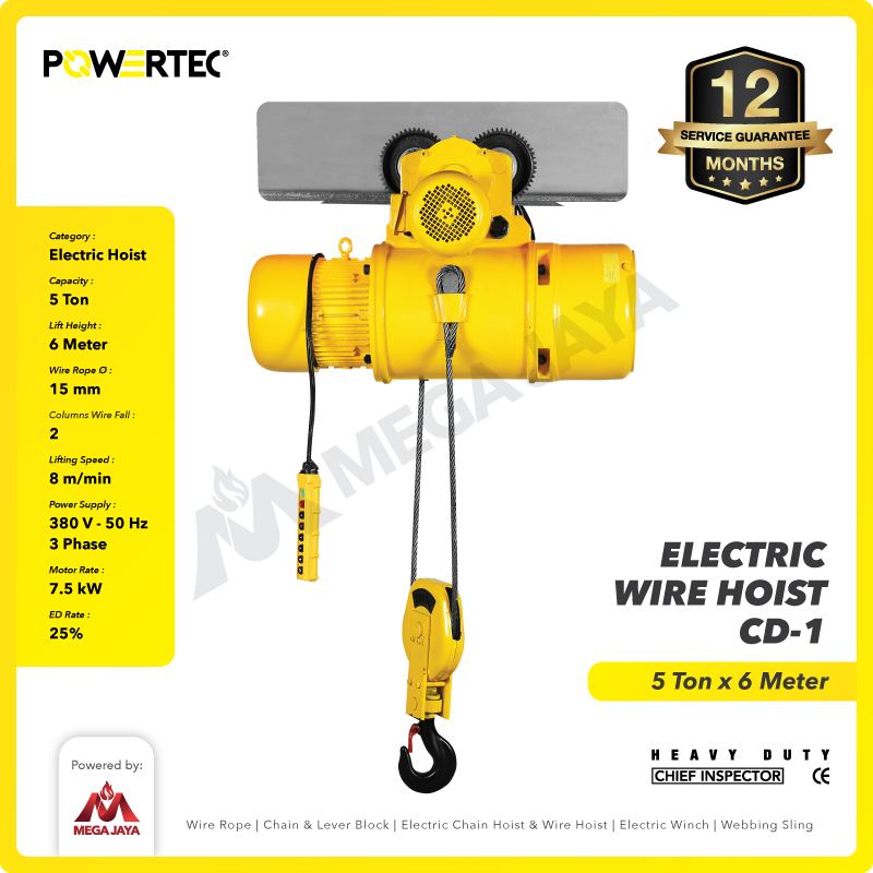 Electric Wire Rope Hoist 5 Ton  x 6 Meter 3 Phase CD-1 POWERTEC