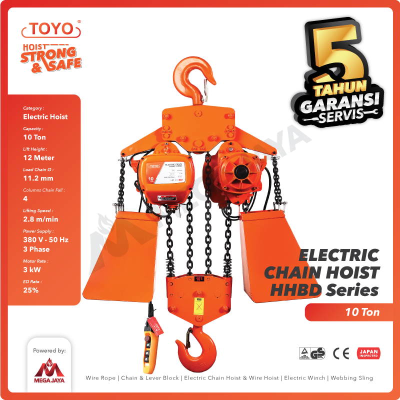 Electric Chain Hoist 10 Ton  x 12 Meter HHBD Series TOYO