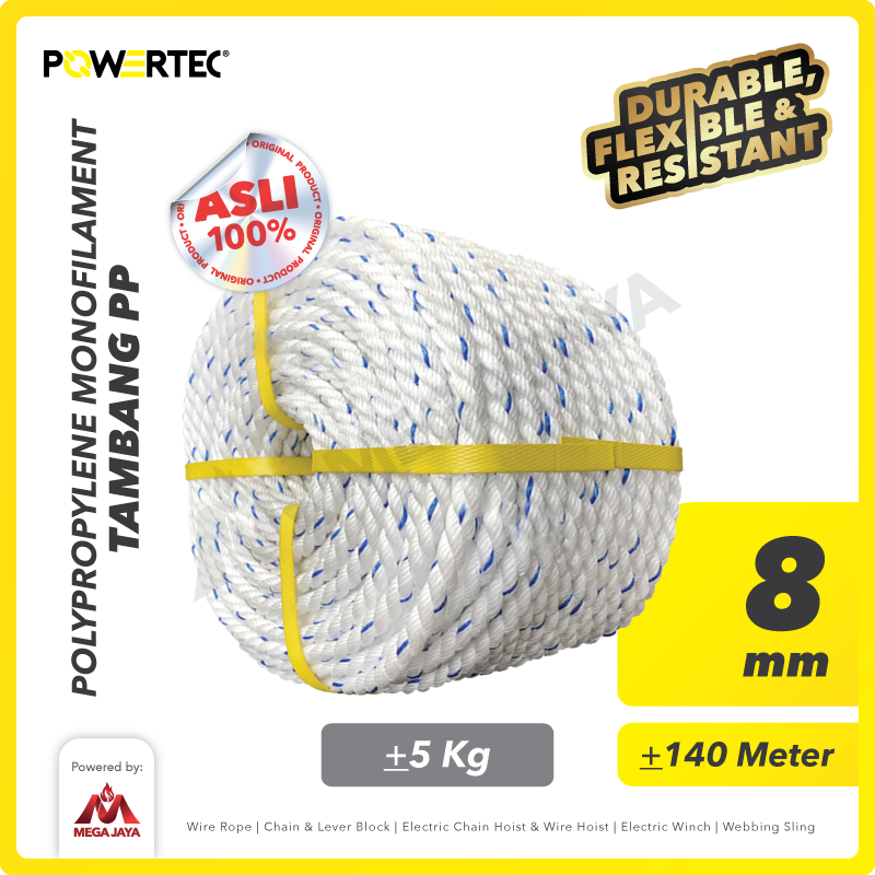 Tali Tambang PP 8mm x 200m Polypropylene PP Mono Rope POWERTEC