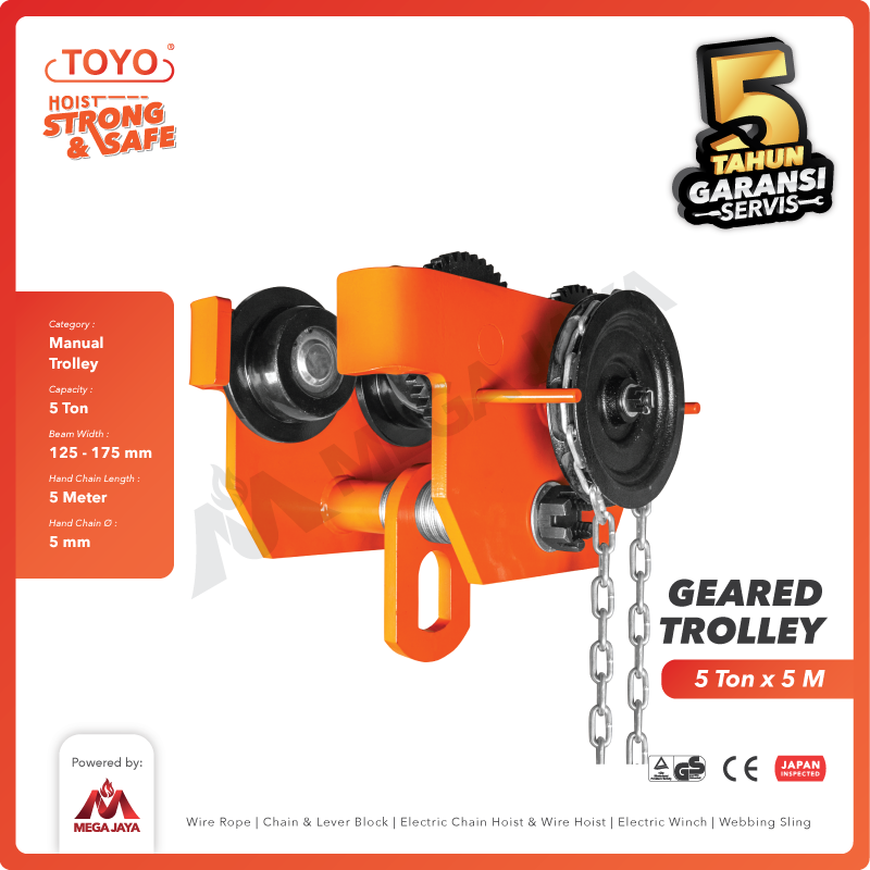 Geared Trolley / Gear Troli Hoist 5 Ton x 5 Meter TOYO