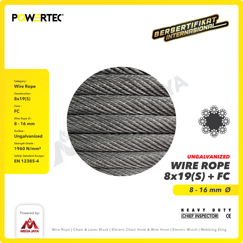 Wire Rope / Kawat Seling LIFT 8x19(S) FC 10mm Ungalv POWERTEC - 1 Mtr