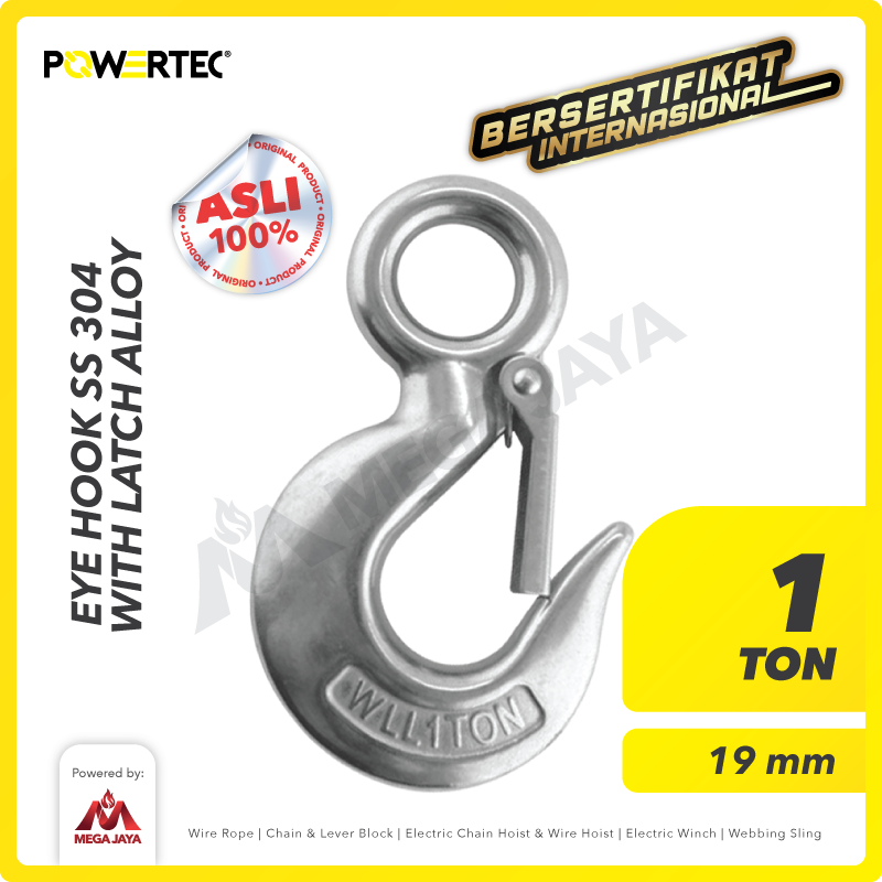 Eye Hoist Hook with Latch SS 304 - 1 Ton POWERTEC