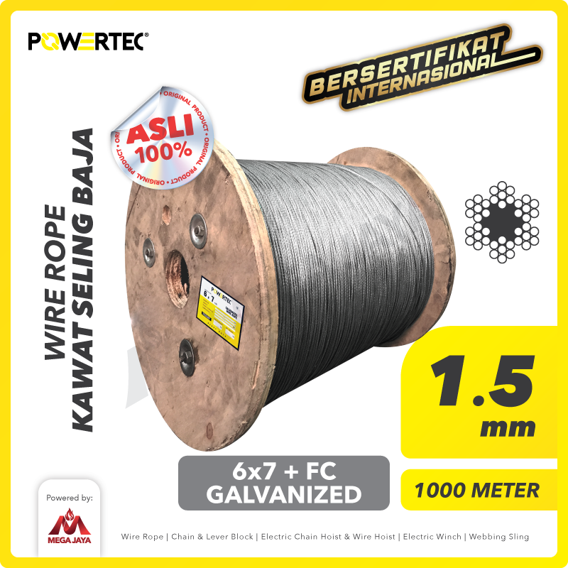 Wire Rope / Kawat Seling Baja 6x7 FC 1.5mm Galv POWERTEC - 1000m