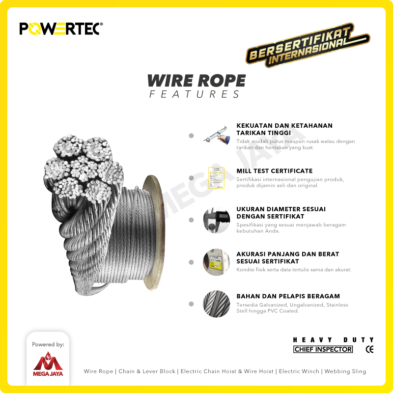 Wire Rope / Kawat Seling Baja 7x7 IWRC 1.5mm Galv POWERTEC - 2000m