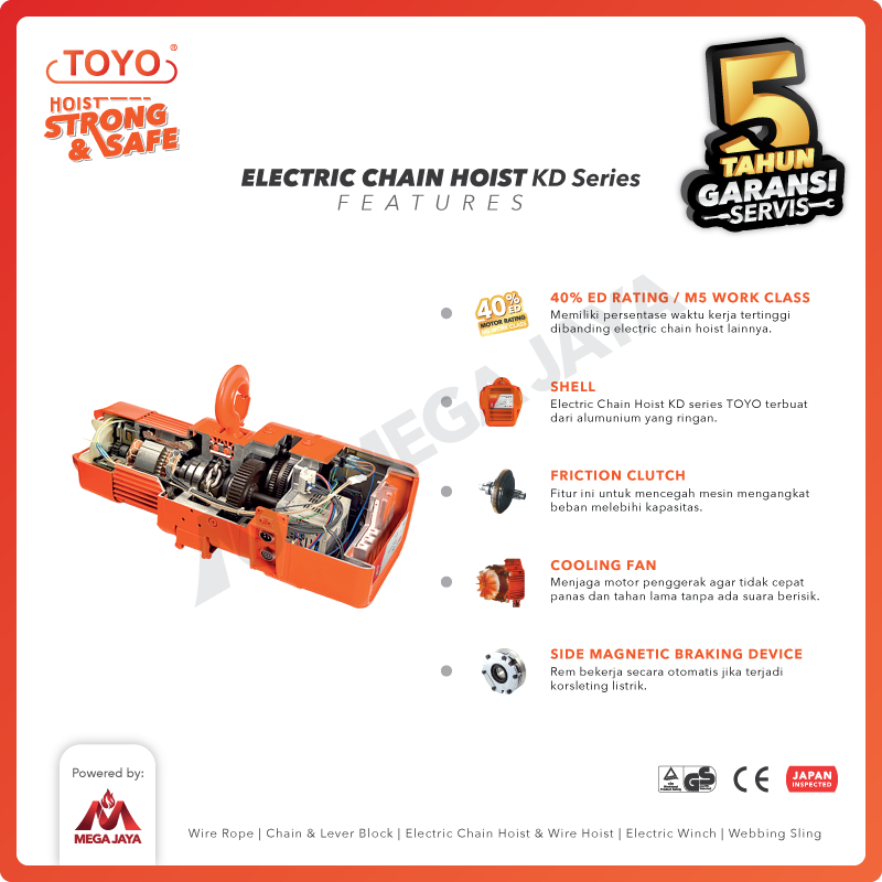 Electric Chain Hoist 5 Ton  x 12 Meter KD Series TOYO