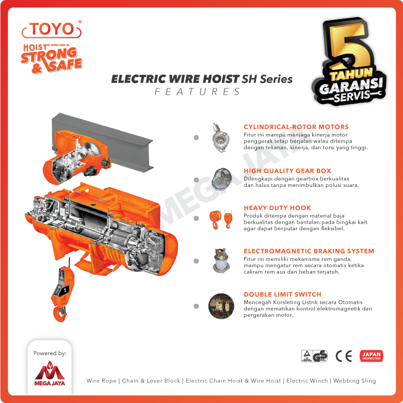 Electric Wire Rope Hoist 1 Ton  x 6 Meter SH Series TOYO