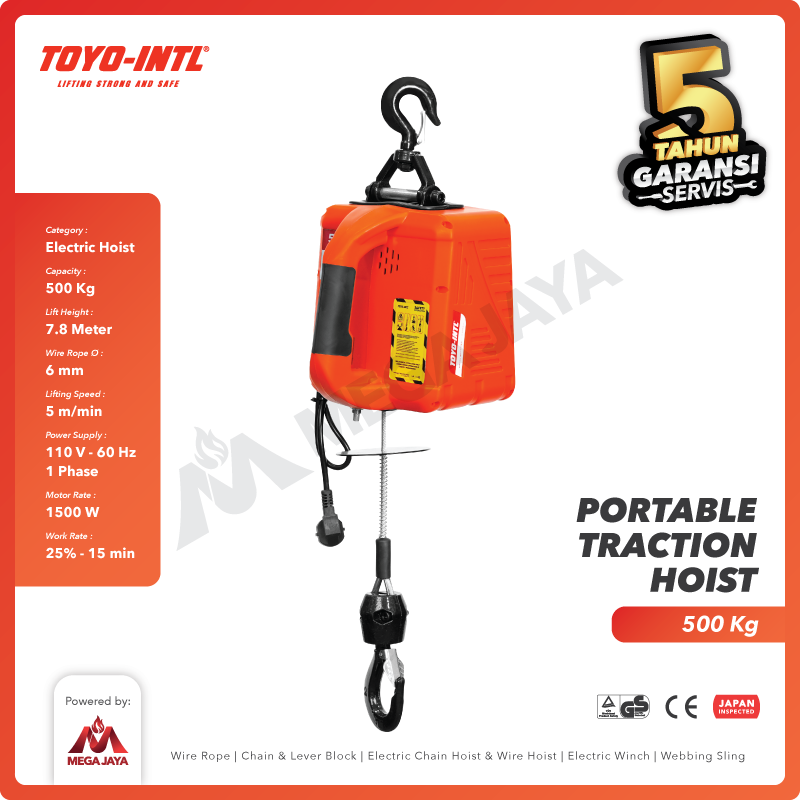 Portable Traction Hoist 500 Kg x 7.8 Meter Traction Block TOYO-INTL