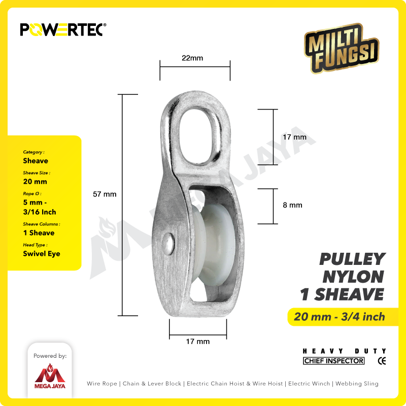 Pulley Nylon Katrol Kerekan 20mm 3/4" - 1 Sheave Nilon POWERTEC