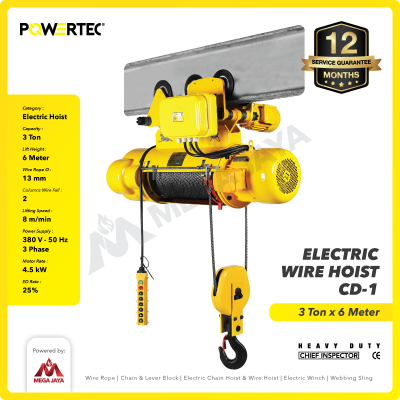 Electric Wire Rope Hoist 3 Ton  x 6 Meter 3 Phase CD-1 POWERTEC
