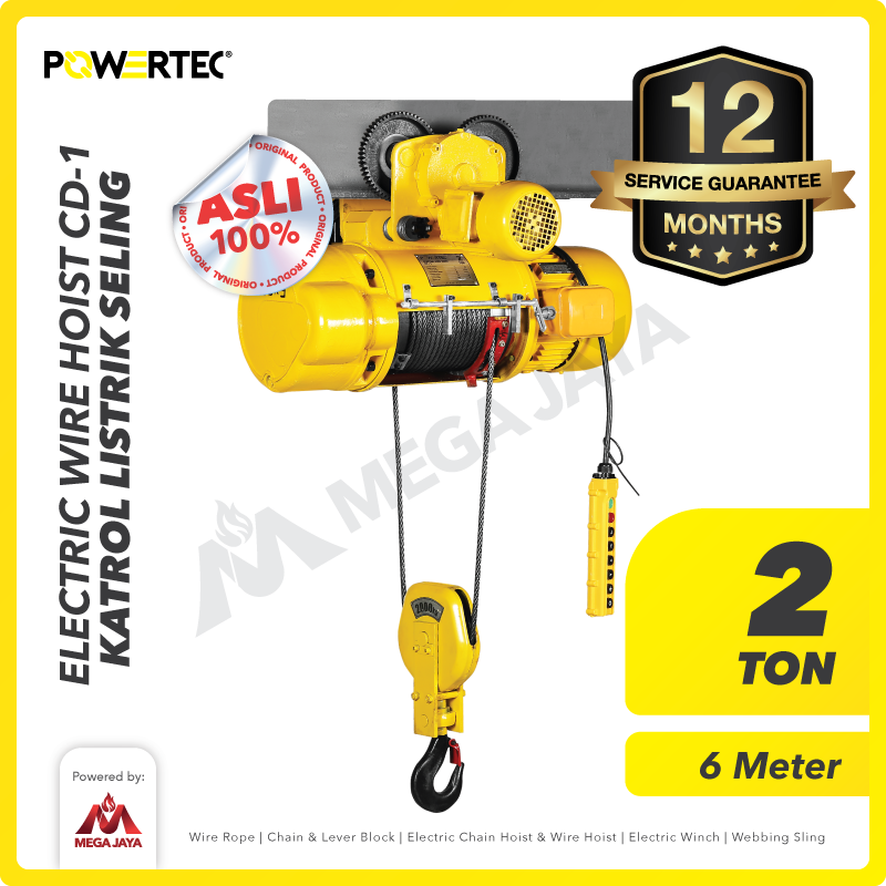 Electric Wire Rope Hoist 2 Ton  x 6 Meter 3 Phase CD-1 POWERTEC