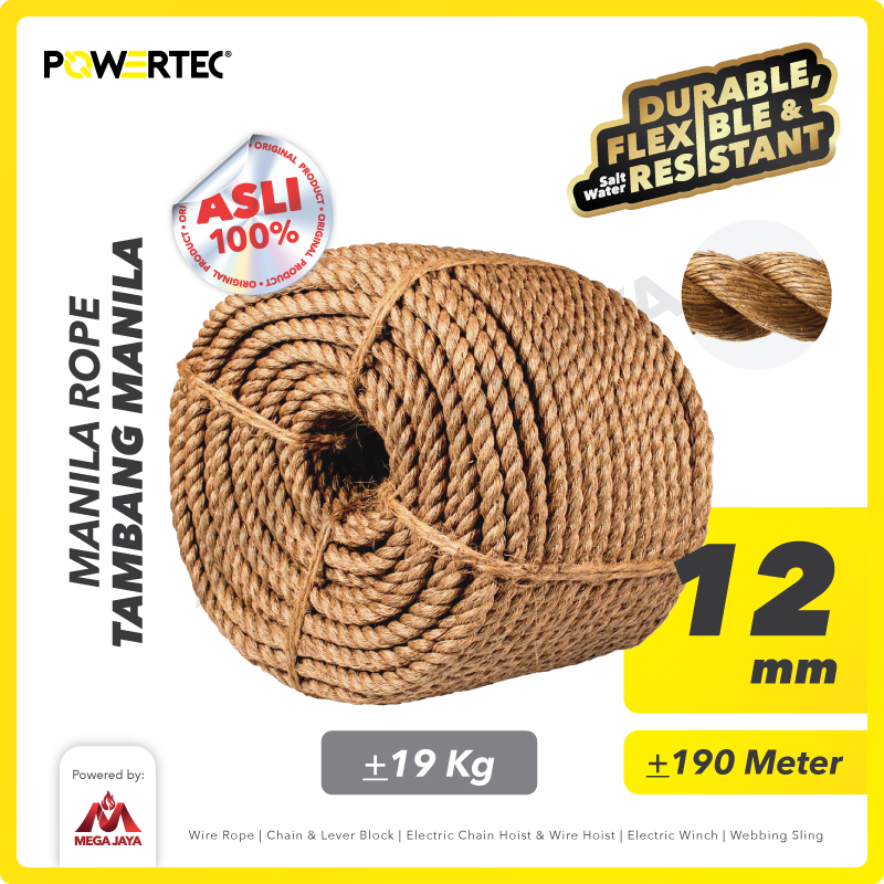 Tali Tambang Manila Rope 12mm x 190m x 19kg Tampar Dadung POWERTEC