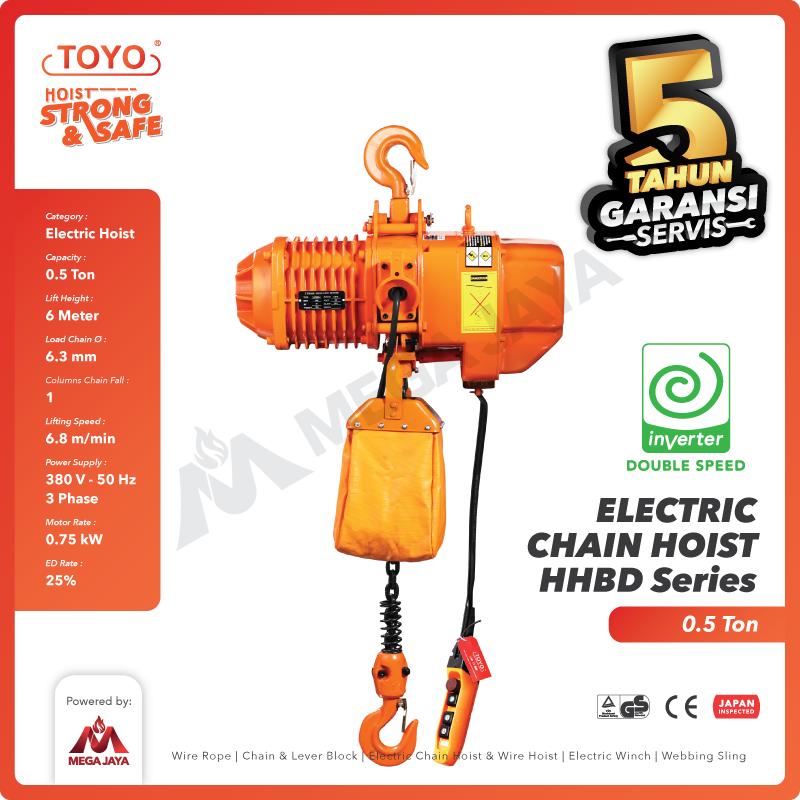 Electric Chain Hoist 0.5 Ton x 6 Meter HHBD Inverter TOYO