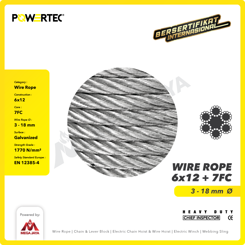 Wire Rope / Kawat Seling Baja 6x12 7FC 9mm Galv POWERTEC - 1 Meter