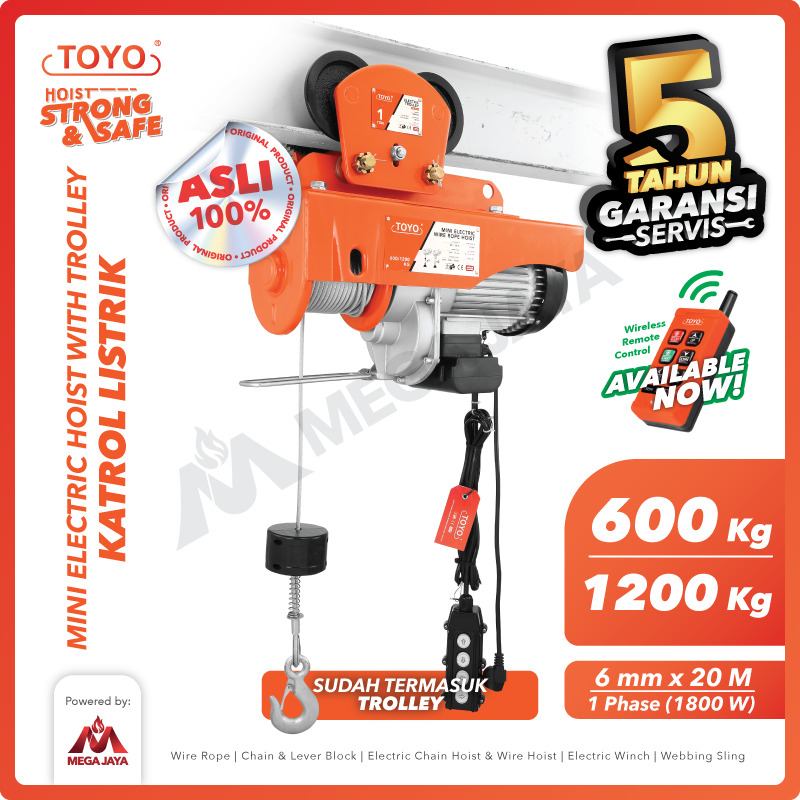 Mini Electric Hoist Trolley set / Katrol Listrik 600/1200Kg x 20M TOYO