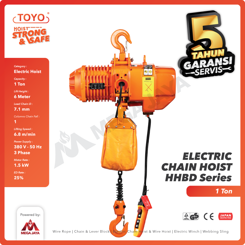 Electric Chain Hoist 1 Ton  x 6 Meter HHBD Series TOYO