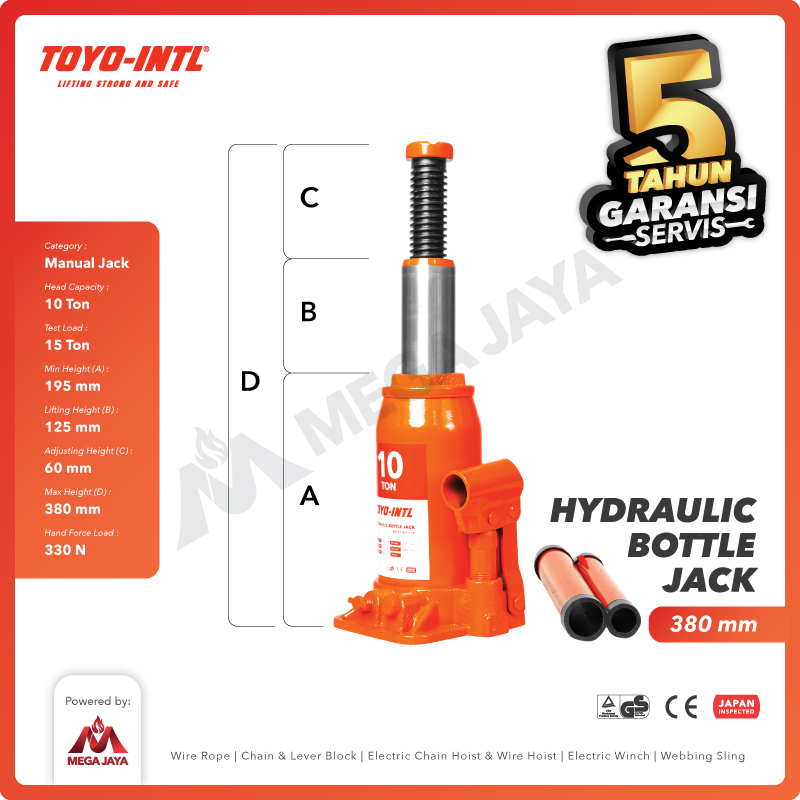 Hydraulic Bottle Jack / Dongkrak Botol 10 Ton TOYO