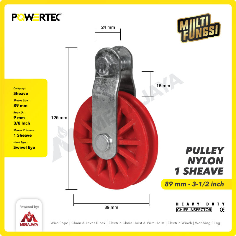 Pulley Nylon Katrol Kerekan 89mm 3-1/2" - 1 Sheave Nilon POWERTEC