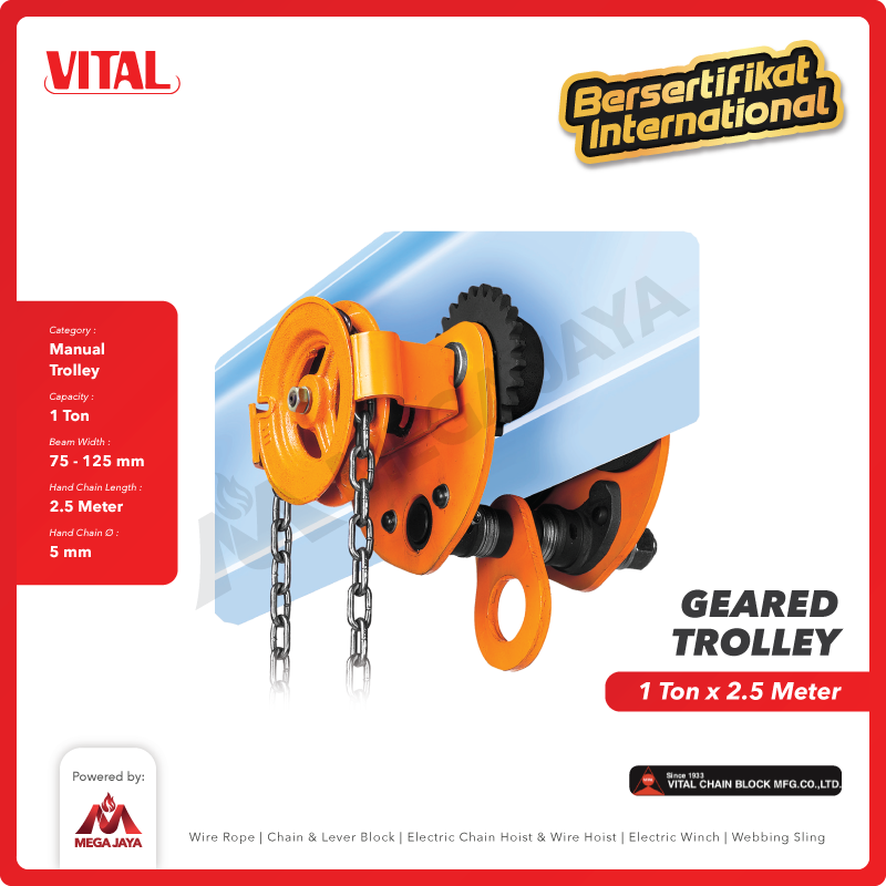 Geared Trolley / Gear Troli Hoist 1 Ton x 2.5 Meter VITAL